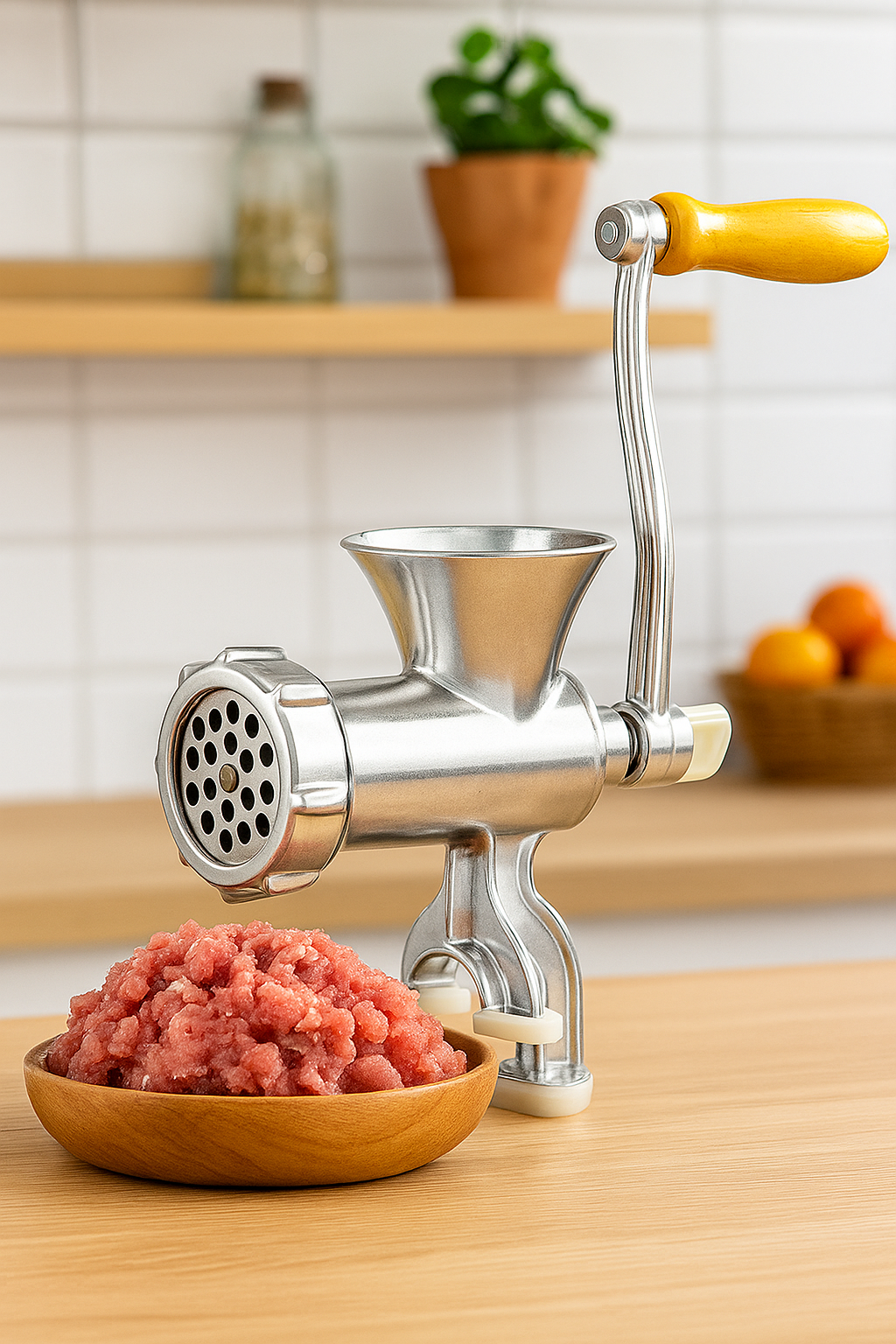 Hachoir à viande manuel en acier inoxydable pour viande hachée, légumes et saucisses maison.