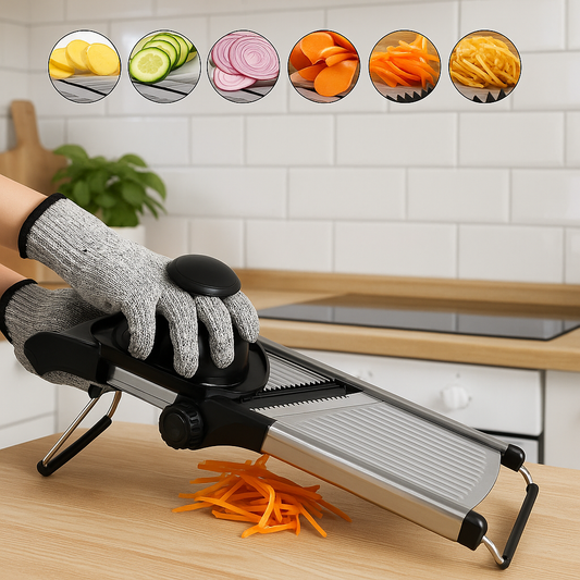 Mandoline cuisine inox multifonction qui découpe une carotte 