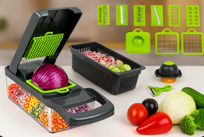 Mandoline cuisine multifonction 12 en 1 avec bac collecteur et lames interchangeables pour légumes et fruits