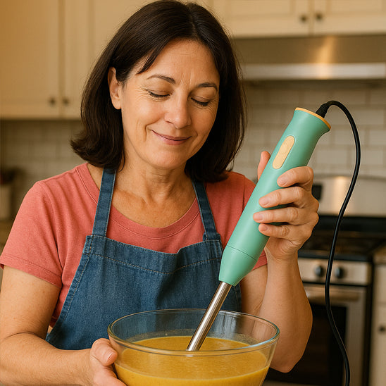 Mixeur plongeant performant conçu pour préparer soupes, smoothies et purées onctueuses.